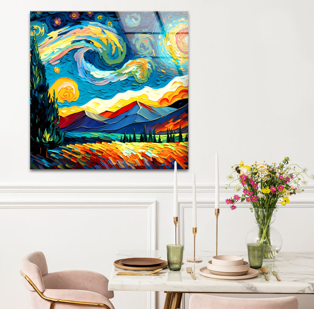 Sternennacht-Landschaftswandkunst – Van Gogh inspirierter bunter Glasdruck