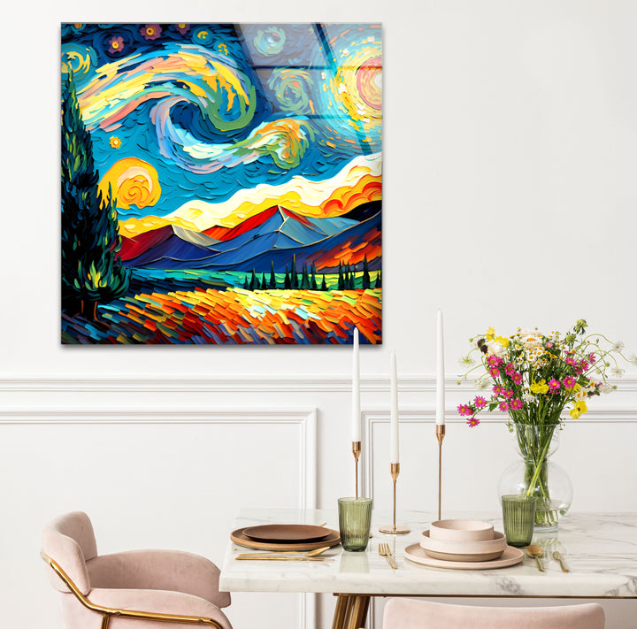 Sternennacht-Landschaftswandkunst – Van Gogh inspirierter bunter Glasdruck