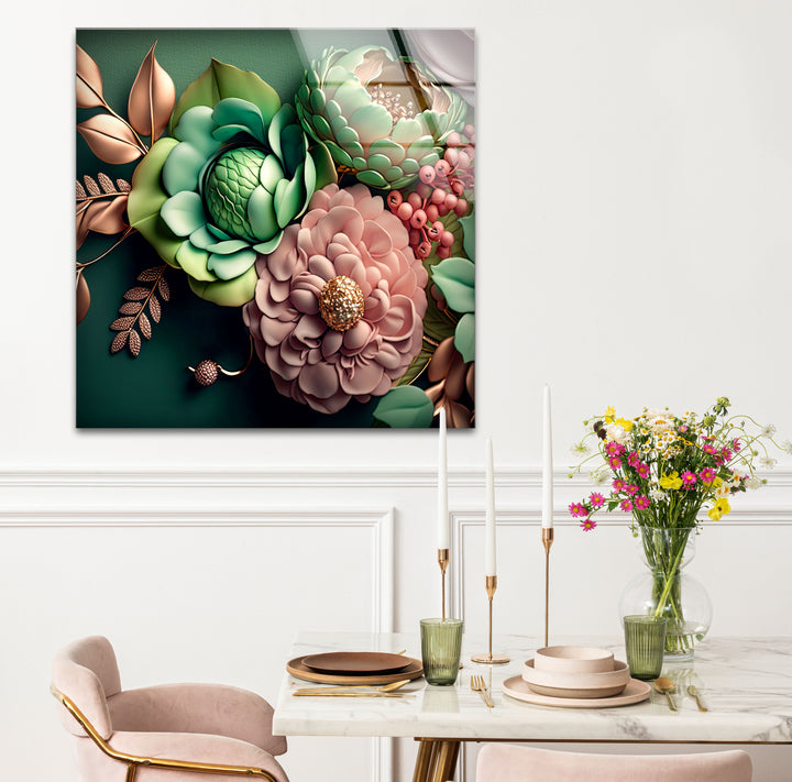 Grüne botanische Wandkunst – 3D-Blumendruck auf Glas mit goldenen und rötlichen Akzenten