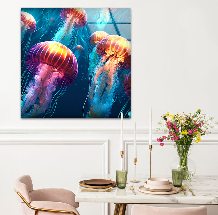Leuchtende Quallen-Wandkunst – Unterwasser-Ozeanszene-Glasdruck