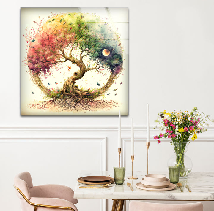 Regenbogen-Baum des Lebens Wandkunst – Wunderliches Aquarell-Glasdruck-Design