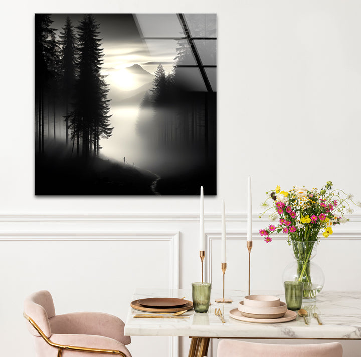 Foggy Forest Black and White Wall Art – Minimalist Glass Print Decor