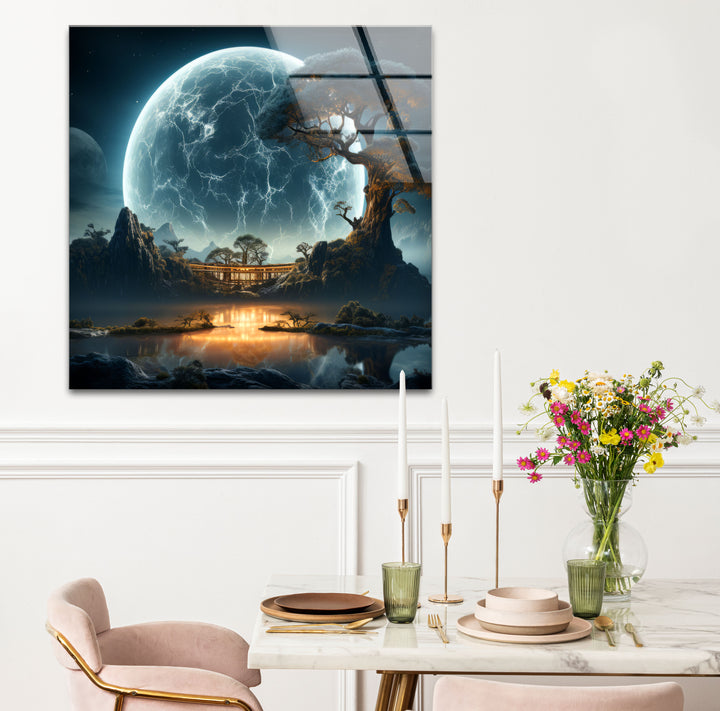 Moonlit Zen Temple Wall Art – Futuristic Landscape Glass Print