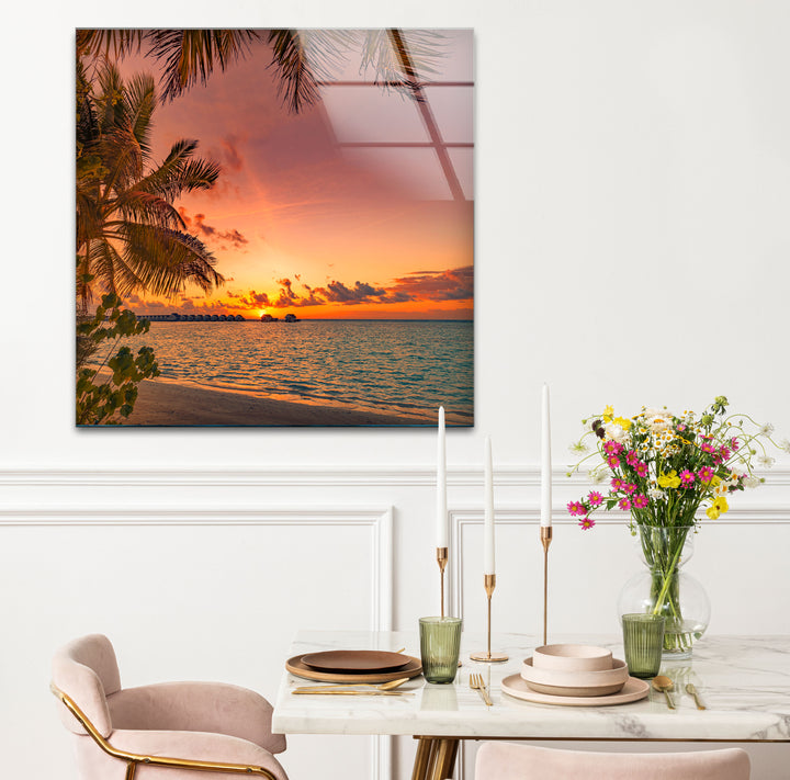 Tropical Sunset Beach Wall Art – Palm Tree Ocean View Glass Print