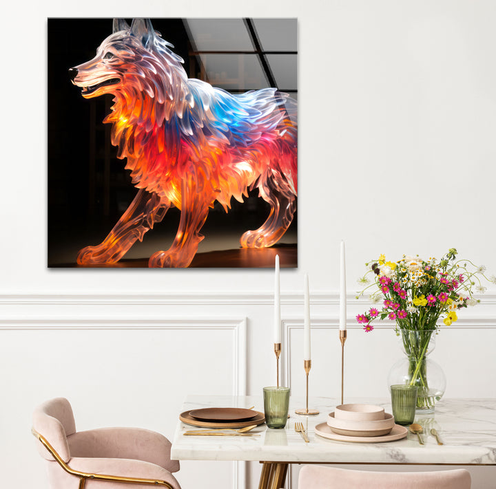 Glowing Wolf Wall Art – Abstract Fiery Glass Sculpture Print Design
