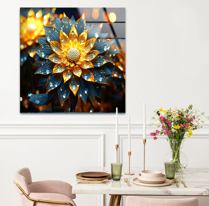Golden Glow Floral Wall Art – Illuminated Flower Glass Print Design