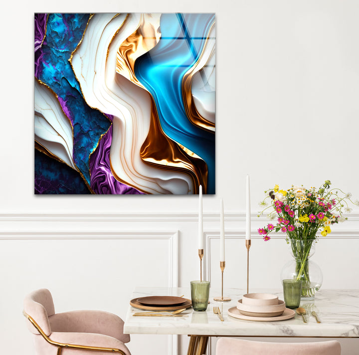 Colorful Marble Abstract Wall Art – Blue, Purple & Gold Glass Print Design