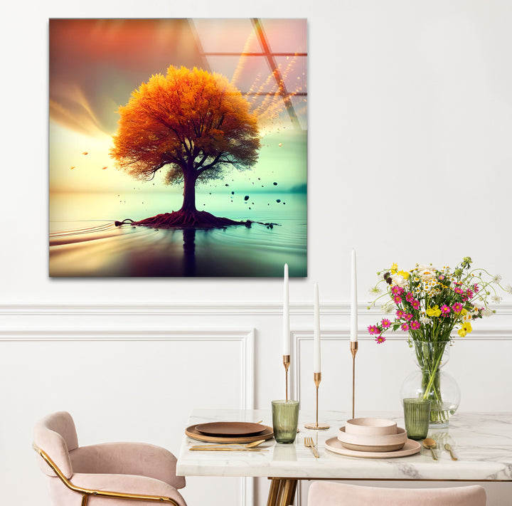 Schwebende Herbstbaum-Wandkunst – Ruhiges Landschafts-Glasdruck-Design