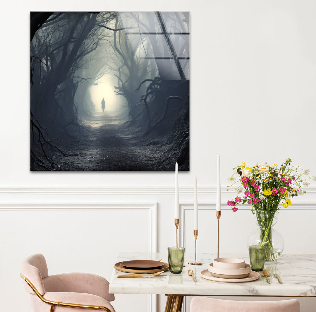 Geheimnisvoller Waldweg Wandkunst – Dunkler Fantasy-Glasdruck für die Inneneinrichtung 