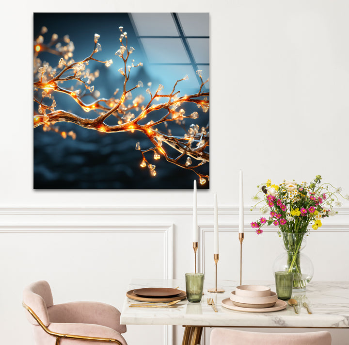 Golden Crystal Tree Branch Wall Art – Illuminated Nature Glass Print