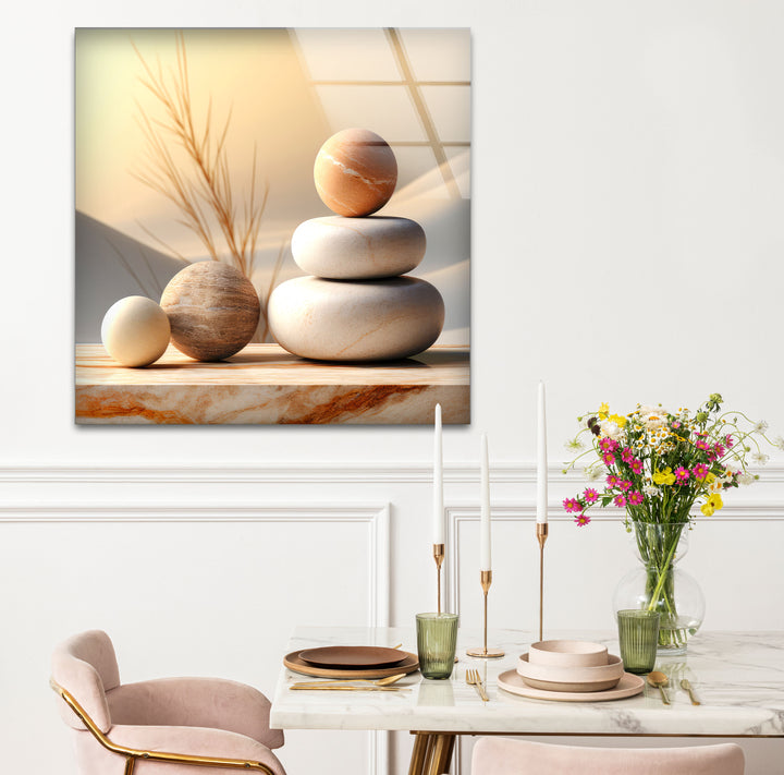 Zen Balance Glaswandkunst – Minimalistische Steinskulptur im Wüstenlicht 