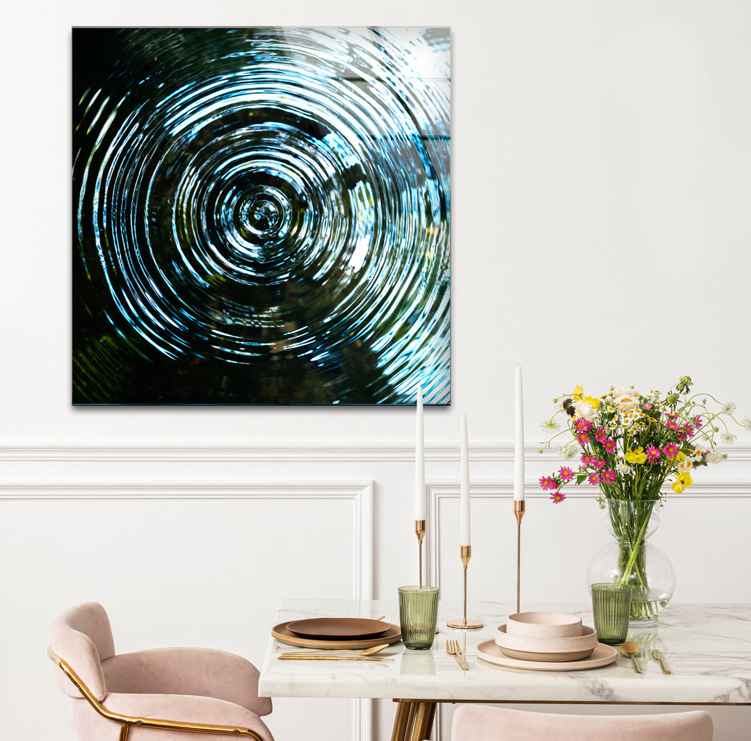 Water Ripple Abstract Wall Art – Blue Circular Wave Glass Print Design