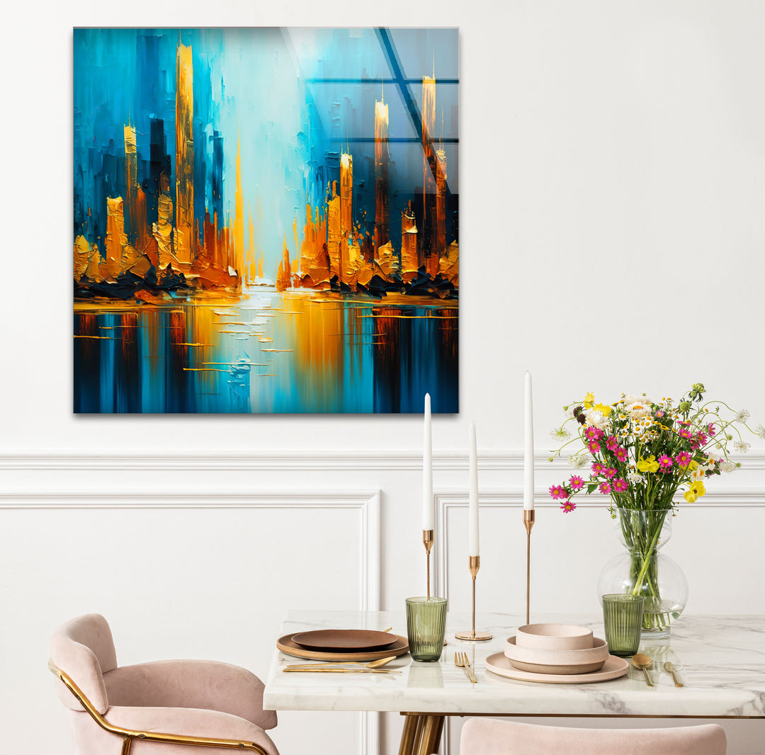 Blue and Gold Abstract City Wall Art – Vibrant Skyline Glass Print