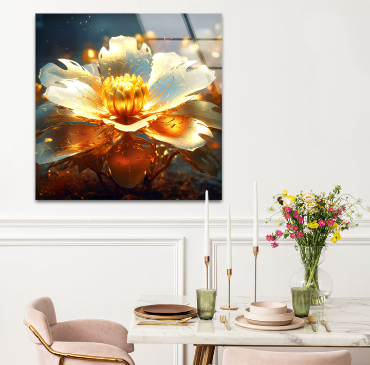 Golden Bloom Glass Wall Art – Luminous Abstract Flower Print