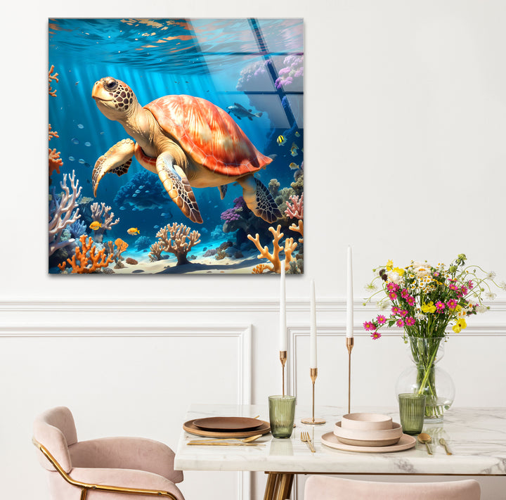 Sea Turtle Underwater Wall Art – Coral Reef Ocean Scene Glass Print