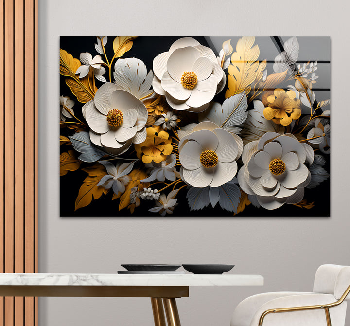Luxuriöse florale Glaswandkunst – Gold- und weißes 3D-Blumendesign 
