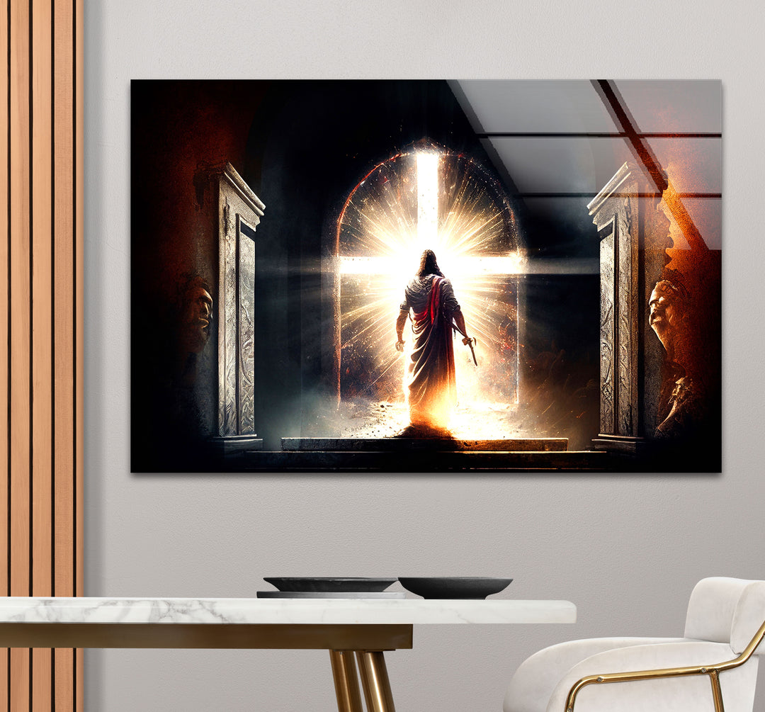 Jesus steht vor dem strahlenden Kreuz – Christlicher Wandbild-Glasdruck