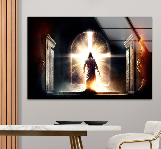 The darkest area in this radiant Christian wall art glass print highlights the figure of Jesus standing before a glowing cross in this decorative wall art.