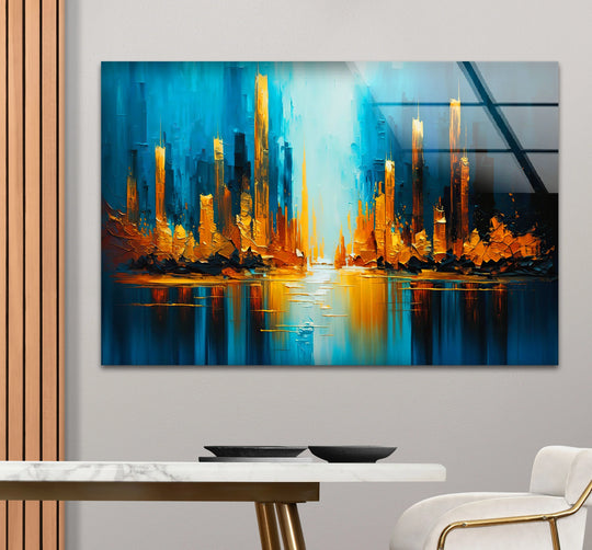 Dramatically lit abstract city skyline, where golden light pierces through deep blue shadows on this striking glass art.