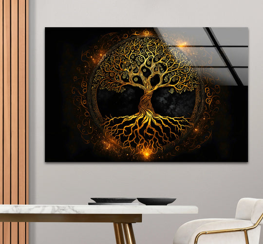 Negative space surrounds the intricate gold Tree of Life decorative wall art, emphasizing its glowing roots and branches on a sleek glass print design.