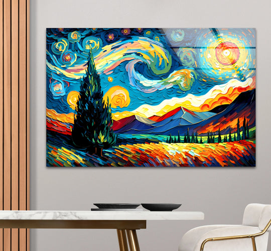 Abstract starry night tempered glass wall art showcases swirling skies and vibrant impasto strokes reminiscent of Van Gogh's iconic style.