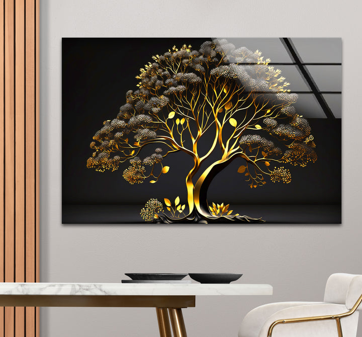 Golden Tree Wandkunst – Luxuriöses Gold- und Schwarz-Natur-Glasdruckdesign