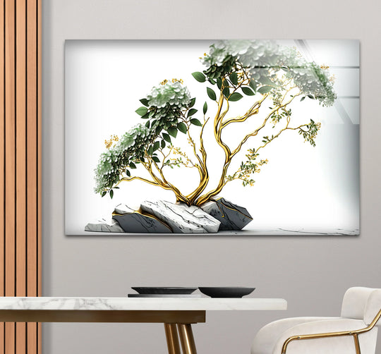 High color contrast highlights a white floral golden bonsai tree on marble stones within this stunning glass printing wall art.