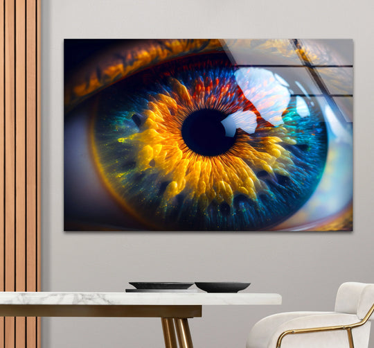 Stunning glass art painting of a vibrant eye, showcasing a luminous finish with fiery orange and deep blue iris details.