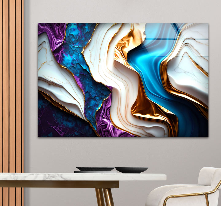 Colorful Marble Abstract Wall Art – Blue, Purple & Gold Glass Print Design