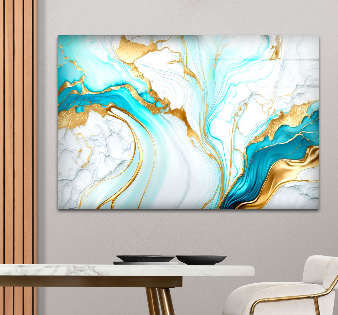 Wandkunst aus blauem und goldenem Marmor – Eleganter, fließender abstrakter Glasdruck