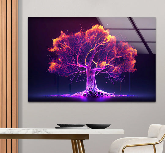 Warm and cool color temperatures play off each other in this neon digital tree wall art glass print, a unique piece of home decoration featuring a futuristic glowing light network.