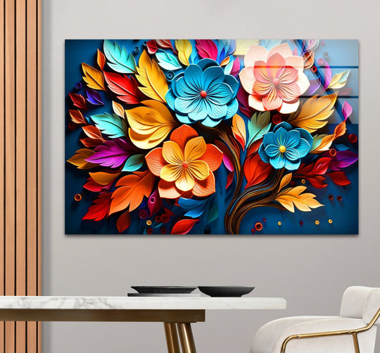 Delicate layering effect showcases vibrant floral explosion's blue, orange, red, and pink petals in this colorful tempered glass flower design, a stunning piece of glass wall art decor.