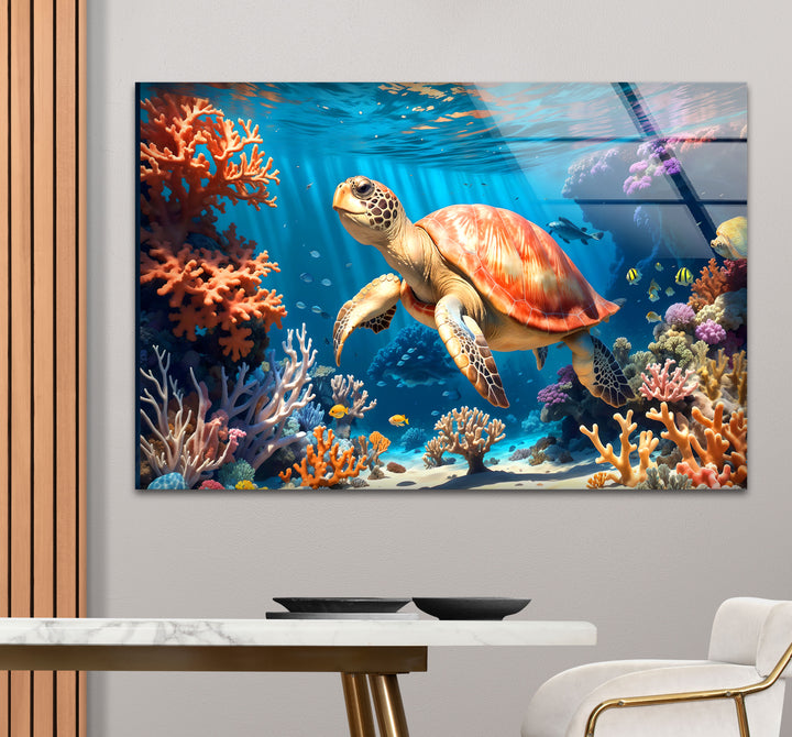 Sea Turtle Underwater Wall Art – Coral Reef Ocean Scene Glass Print