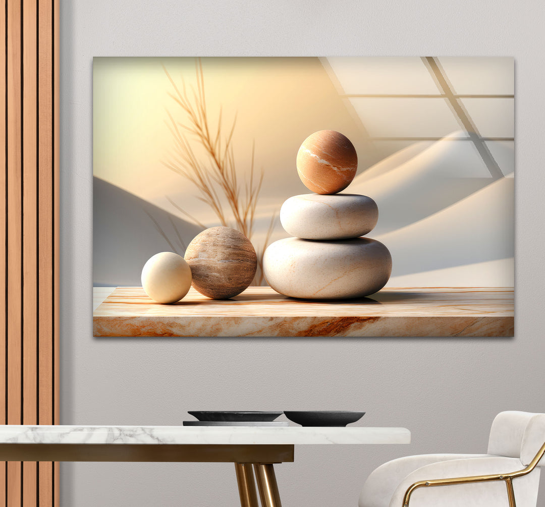 Zen Balance Glaswandkunst – Minimalistische Steinskulptur im Wüstenlicht 
