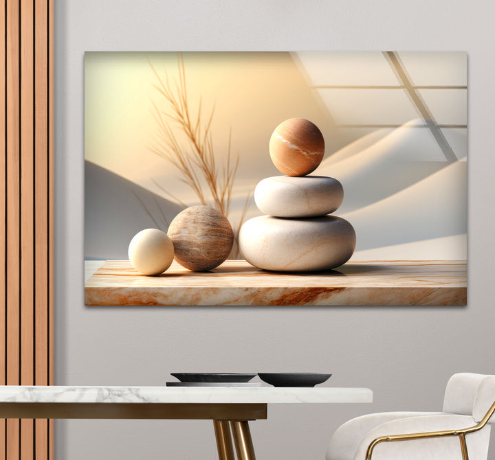 Zen Balance Glaswandkunst – Minimalistische Steinskulptur im Wüstenlicht 