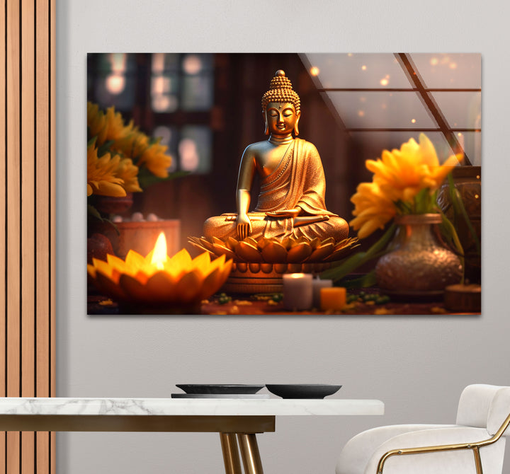 Golden Buddha Serenity Wall Art – Peaceful Candlelit Meditation Glass Print