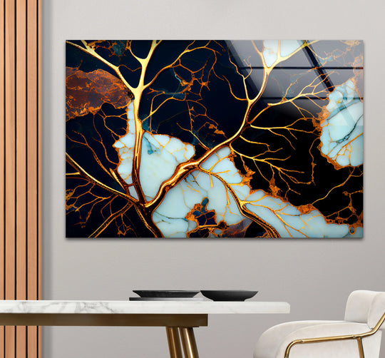 Luxurious tempered glass art features striking electric gold veins on a glossy black and white marble-inspired background.