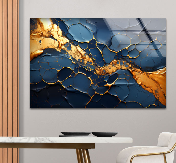 Dark Blue and Gold Abstract Wall Art – Cracked Fluid Glass Print Design