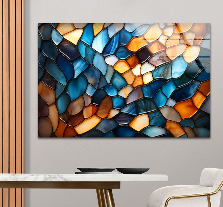 Wandbild mit Buntglasmuster – Abstrakter blauer und bernsteinfarbener Glasdruck 