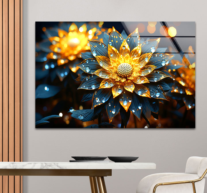 Golden Glow Floral Wall Art – Illuminated Flower Glass Print Design