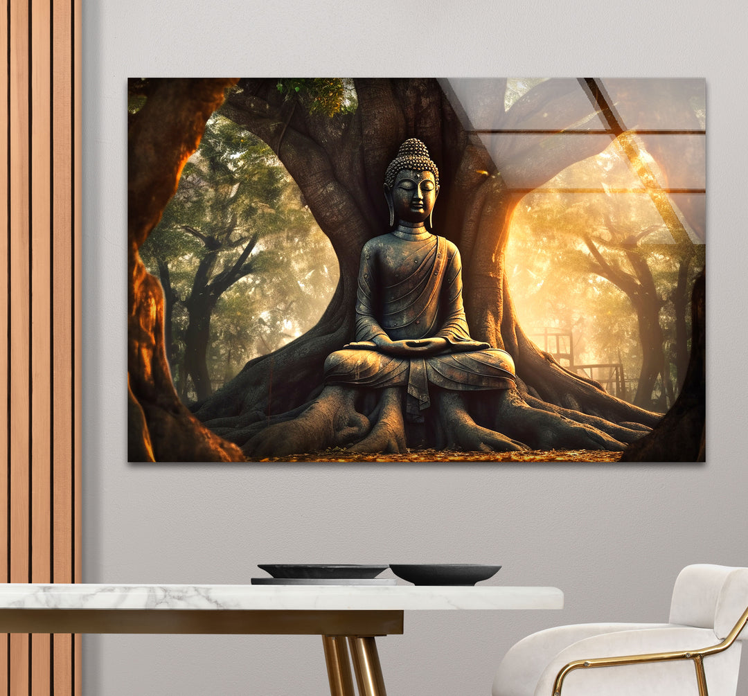 Buddha Under Tree Wall Art – Tranquil Sunrise Meditation Glass Print
