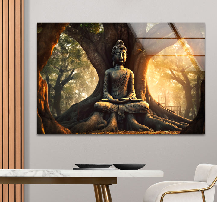 Buddha Under Tree Wall Art – Tranquil Sunrise Meditation Glass Print