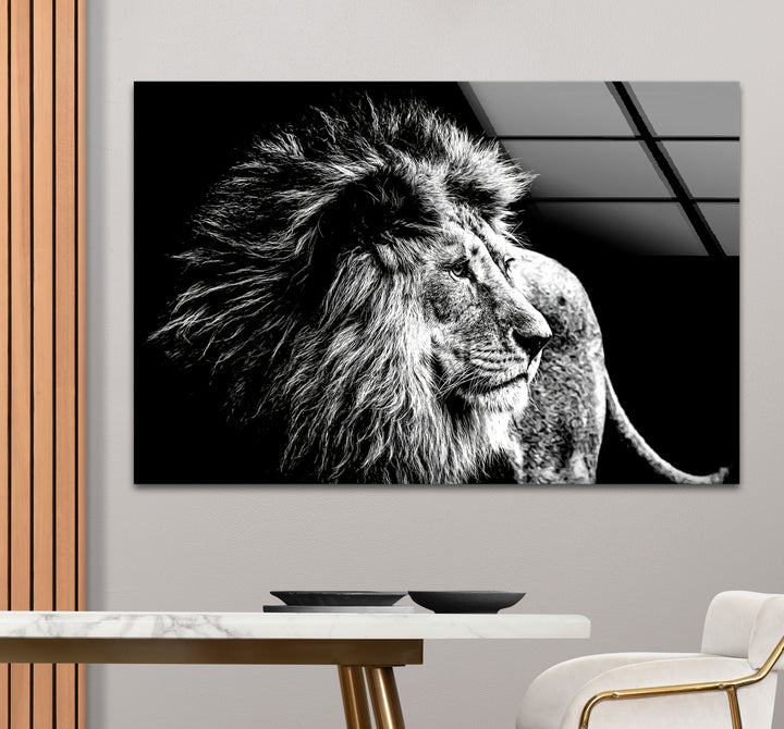 Black and White Lion Wall Art – Majestic Wildlife Glass Print Design