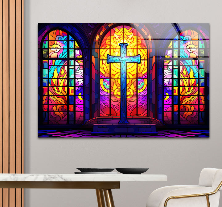 Stained Glass Church Cross Wall Art – Colorful Christian Glass Print Design