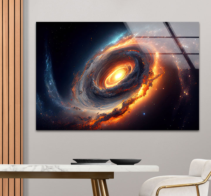 Feurige Galaxie-Spiralwandkunst – Glasdruck mit Weltraumnebel 