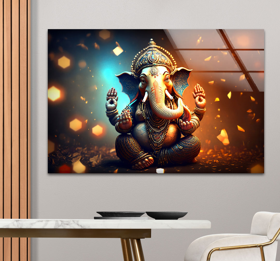 Golden Lord Ganesha Wall Art – Spiritual Glass Print for Sacred Decor