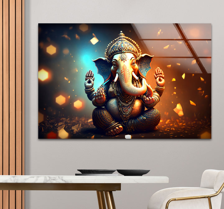 Golden Lord Ganesha Wall Art – Spiritual Glass Print for Sacred Decor