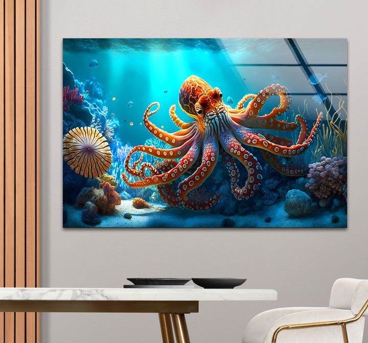 Octopus Underwater Wall Art – Vibrant Coral Reef Ocean Scene Glass Print