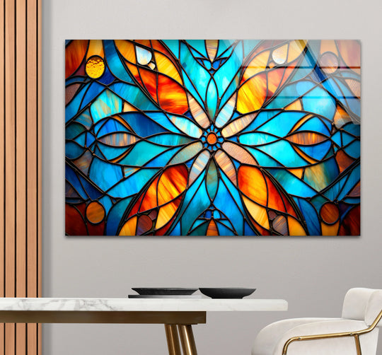 Stained Glass Mandala Wall Art – Blue and Orange Floral Glass Print - MyPhotoStation