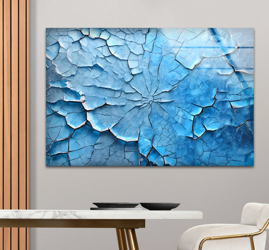 Expansive negative space contrasts with intricate, cracked sapphire ice shards in this mesmerizing print wall art.
